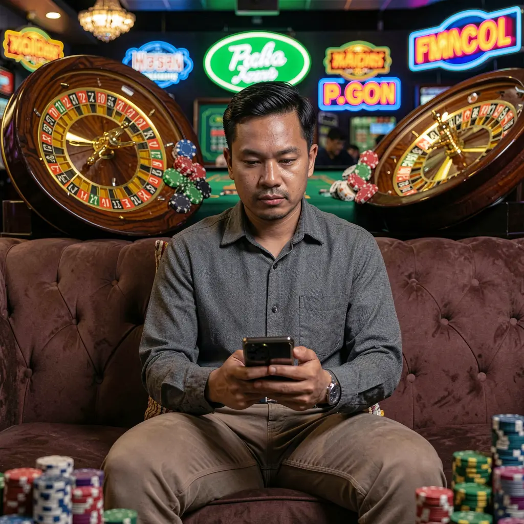 Focused Malaysian user browsing casino games on the LGW33 app with glowing roulette wheels and chips creating a modern mobile gaming mood