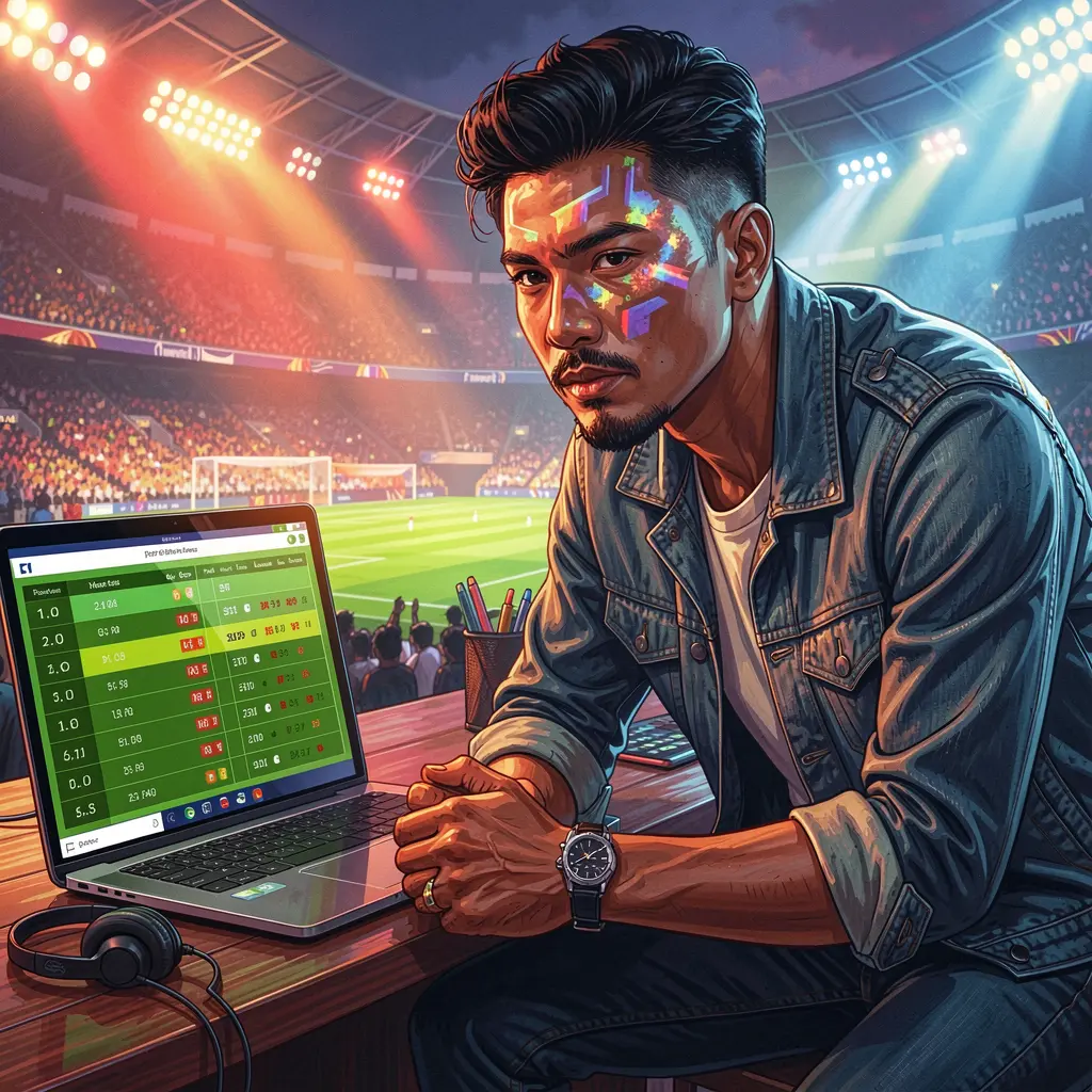 Focused Malaysian sports bettor reviewing live soccer odds and match data on a laptop in a vibrant stadium style setting using LGW33