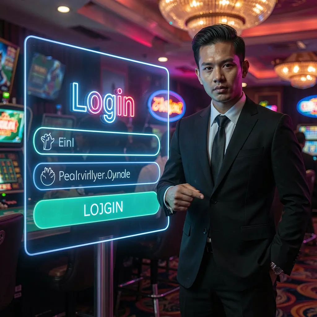 Professional Malaysian casino ambassador pointing at a glowing LGW33 login interface with neon lights symbolizing trusted digital access