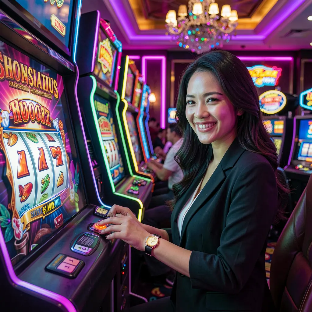 A happy Malaysian player enjoying modern slot gameplay with bright reels and immersive casino visuals on LGW33